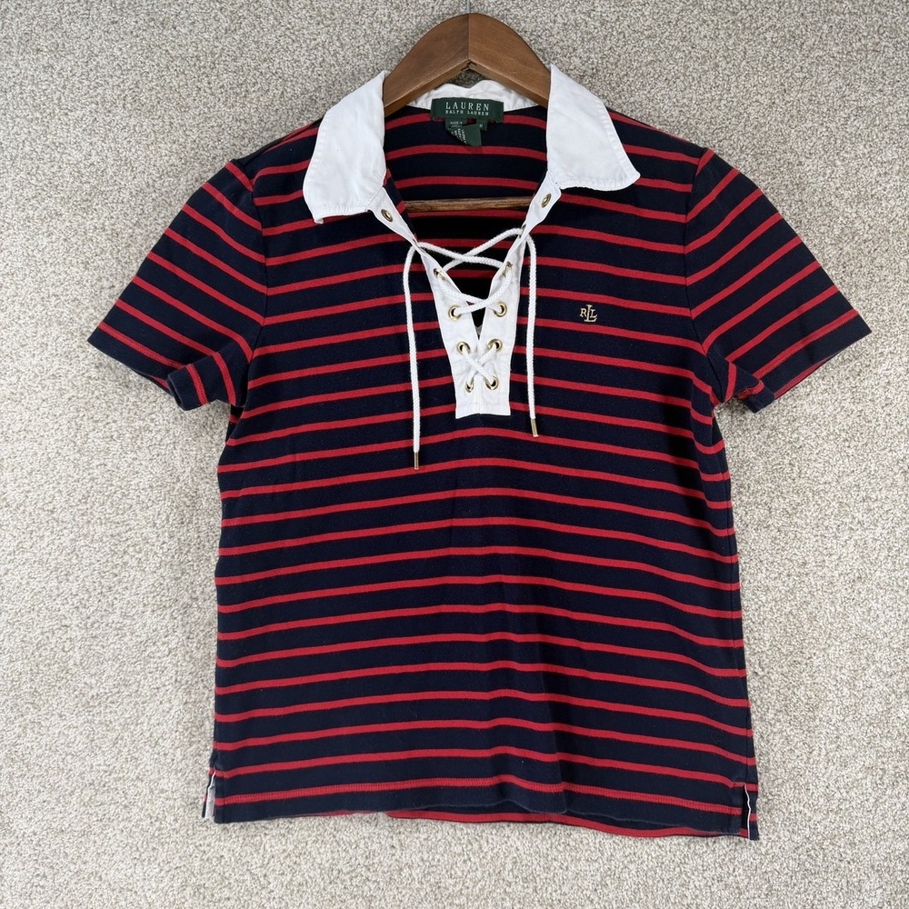 Ralph Lauren Striped Cropped Nautical Shirt M Embroidered Monogram Y2K Preppy